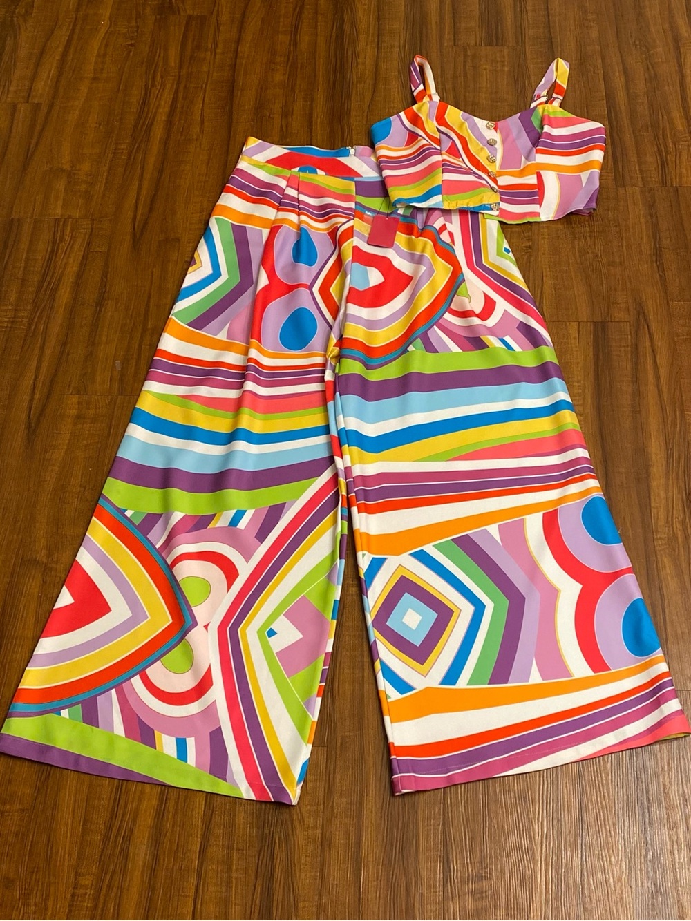 New Women’s Wide-Leg Multicolor Geometric Pantset